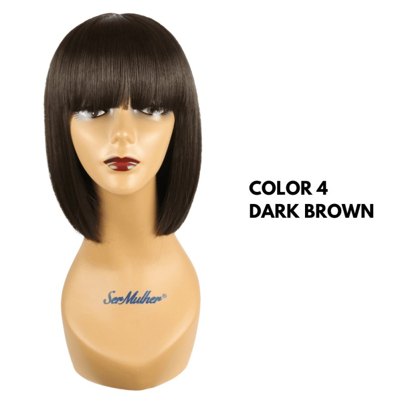 Ser Mulher Claudia Wig Colore 4 Dark Brown, parrucca con laccio frontale in termofibra, capelli lisci corti con frangia - 113 gr