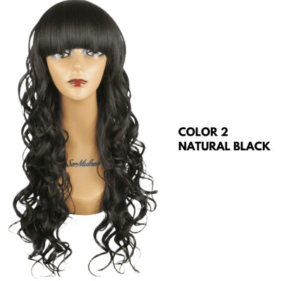 Ser Mulher Chiara Wig Colore 2 Natural Black, parrucca in termofibra, capelli mossi con frangia - 206 gr
