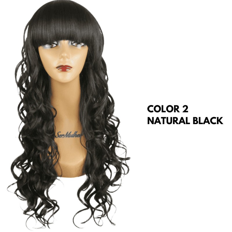 Ser Mulher Chiara Wig Colore 2 Natural Black, parrucca in termofibra, capelli mossi con frangia - 206 gr