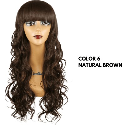 Ser Mulher Chiara Wig Colore 6 Natural Brown,, parrucca in termofibra, capelli mossi con frangia - 206 gr