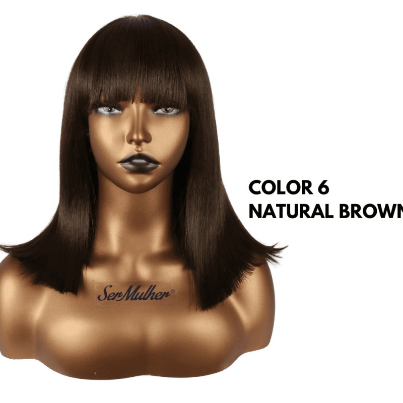 Ser Mulher Mila Wig Colore 6 Natural Brown, parrucca in termofibra, capelli lisci con frangia, lunghezza media - 150 gr
