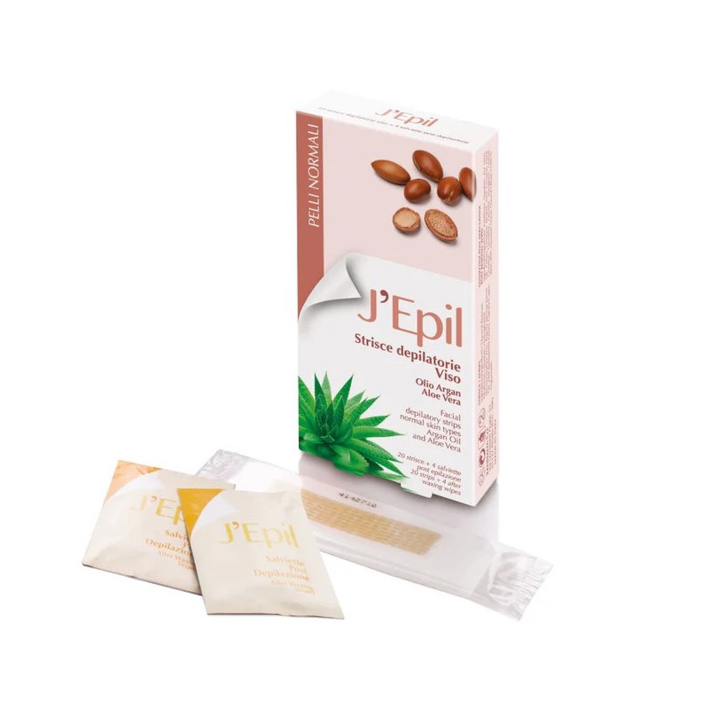 Xanitalia - J'Epil 20 Strisce depilatorie viso già imbevute per tutti i tipi pelle Argan e Aloe + 4 salviettine post epilazione